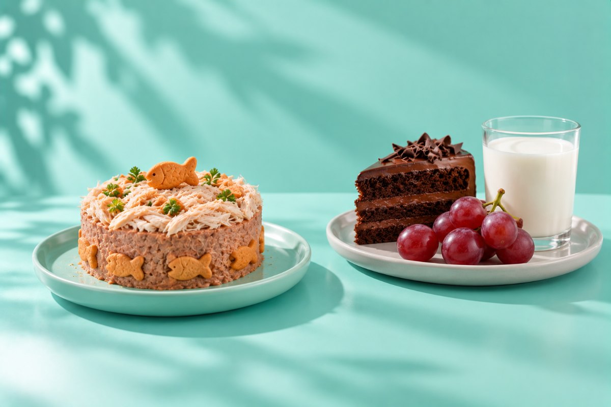 مقایسه کیک مخصوص گربه با کیک شکلاتی، انگور و شیر که برای گربه مناسب نیستند